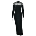 Elegante zwarte bodycon maxi-jurk met transparante mesh patchwork en lange mouwen op wit - S / Zwart