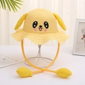 Detail of yellow straw sun hat with movable dog ears and cartoon embroidery for kids - Yellow