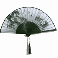 Chinese style folding fan with lotus ink painting, black carved ribs and silk tassel - Black Ribs Style 33