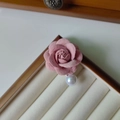 Pink fabric rose hair accessory with white pearl detail in wooden jewelry box - Faux Suede Pearl Rose Brooch / Pink