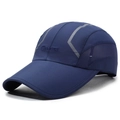 Dark blue quick-dry sports cap featuring breathable mesh panels and reflective stripes - Navy Blue