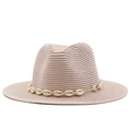 Detail of light beige fedora sun hat with natural white seashell decoration band - Nude Pink