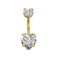 Detail of gold heart-shaped belly ring featuring faceted clear cubic zirconia stones - Style 32 4-Prong Heart