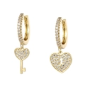 Detail of gold-plated asymmetric heart earrings with key and lock charms with zircons - Gold Heart Lock and Key