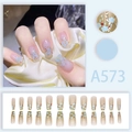 Blue floral press-on nails with ice-transparent gradient and 24-piece full set display - Blue Flower Sequin Gradient (A573)