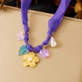 Purple fabric ribbon necklace with gold flower, baroque pearl, and blue glass leaf charm - Purple Fabric Multi-element Flower Style (N3837)