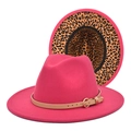 Detail of wide brim fedora hat in dark pink with camel leather strap and leopard print underbrim - M(56-58cm) / Rose Red