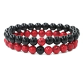 Pair of 8mm black and red stone beaded distance bracelets for couples on white background - Red Turquoise + Shiny Black Stone