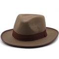 Cappello fedora in feltro di lana marrone con nastro bordeaux e tesa larga per uomo e donna - M (56-58cm) / Caffè chiaro