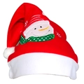 Detail of red festive Christmas hat featuring an embroidered snowman with green scarf - Adult Fleece Embroidery Snowman