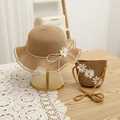 Matching straw hat and crossbody bag set with white daisy flowers for girls and women - 54cm / Hat + Bag Set / Khaki