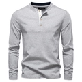 Detailed view of Henley collar with wooden buttons and white placket on grey shirt - S / Light Gray