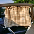 Car side window sunshade with brown plaid fabric and a cute cartoon rabbit patch - Pink Ear Rabbit Coffee Gingham
