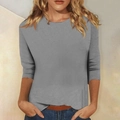 Detail of grey three-quarter sleeve t-shirt showing the round neck and soft cotton fabric - S / Gray