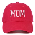 Detailed close-up of white MOM embroidery on a rose red cotton baseball cap - Adjustable / MOM Embroidery / Rose Red