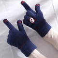 Detail of navy knit gloves with panda plush, red heart touch screen tips and embroidery - Panda Navy Blue