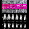 Detailed size chart for extra long soft gel nail tips showing 12 sizes with measurements - Style 06