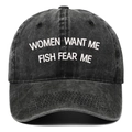 Vintage washed denim baseball cap with white 'Women Want Me Fish Fear Me' embroidery - One Size(Adjustable) / Black