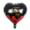 Dettaglio di un palloncino in alluminio nero a forma di cuore con scritte dorate e rose rosse - Stile Cuore Rosa Nera