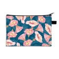 Floral print large makeup bag in navy blue with pink trumpet flower pattern and black zipper - US 12