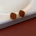Close-up of vintage gold frame earrings with brown flocked diamond-shaped inlay - 925 Silver Earring Post / Gold Brown Rhombus