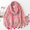 Ethnic style cotton linen scarf with pink and brown paisley patterns and tassel edges - Pink & Brown Paisley Pattern (SL2412-008)