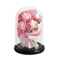 Bouquet di rose di sapone in cupola di vetro con rose rosa e bianche su base nera - Composizione di rose rosa e bianche, luci a stringa e sacchetto regalo