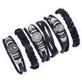 Set di 6 bracciali vintage in pelle nera intrecciata con ciondoli a teschio e stella - Set da 6 Pezzi