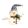 Lighted Christmas snowman figurine with black and white plaid hat and glowing LED lights - Pointed Hat