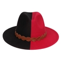 Two-tone red and black wool fedora hat with brown leather braided band for men and women - Black Red Patchwork With Belt