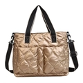 Champagne gold quilted crossbody bag with dual front pockets and woven straps - Double Pocket Style / Champagne