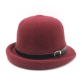 Detail of wine red knitted cloche hat with black leather belt and silver buckle accent - M (56-58cm) / Burgundy