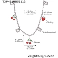 Collier à perles en acier inoxydable avec pendentifs cerise et cœur et détails émaillés - Collier / 38+5cm / Argenté