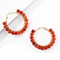 Gold wire wrapped large hoop earrings with faceted red agate beads and lever back closure - Red Crystal