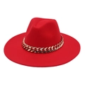 Close-up of a red wide-brim fedora hat featuring a chunky gold chain accessory detail - Adult (57-60cm) / Red