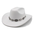 Classic white wool felt cowboy hat with vintage silver metal chain link trim - M (56-58cm) / White