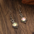 Vintage bohemian drop earrings in silver finish featuring iridescent moonstone accents - Antique Silver Iridescent Round Stone (4384)