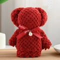 Burgundy pineapple grid coral fleece towel folded into a bear with pearl bow - 30*30cm / Pearl Bear Red (Red Ribbon)