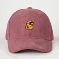 Close-up of cute cartoon duck embroidery on a pink corduroy baseball cap detail - Adjustable / Dusky Pink