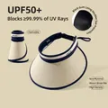 UPF50+ beige straw-style sun visor with dark blue trim and foldable wide brim - Contrast Striped Vinyl Interior Style / Navy and Beige Contrast
