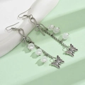 Pendientes largos de mariposa vintage en plata con flores de lirio blanco y perlas - Plateado
