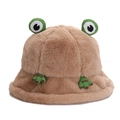 Süßer brauner Plüsch-Frosch-Fischerhut mit grünen Augen und Stickerei für den Winter - M (56-58cm) / Camel