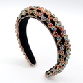 Luxury black velvet headband with colorful rhinestones in golden metal settings - Colorful