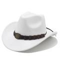 Vue détaillée d'un chapeau de cowboy en feutre blanc avec ruban en cuir et badge étoile - M (56-58cm) / Blanc
