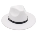 Close-up of white fedora hat featuring a black belt buckle band and fine wool texture - One Size / White