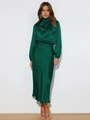 Detailed view of the dark green satin dress fabric with a silky high-gloss texture - S / Top And Bottom (GQTG027) / Dark Green