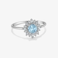 Anello in argento sterling S925 con gemma blu cielo e alone floreale di diamanti - US 6 / Platino