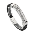 Bracciale da uomo in pelle nera intrecciata con inserto in catena d'acciaio inox argento - 19cm / Color Acciaio