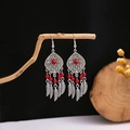 Bohemian silver drop earrings with red stone accents and feather tassels - E3497 Red Feather Tassel