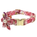 Pink floral pattern dog collar with gold metal buckle and elegant handmade flower detail - Collar + Pearl Flower / Size XS(19-28cm) / Rose Red Floral